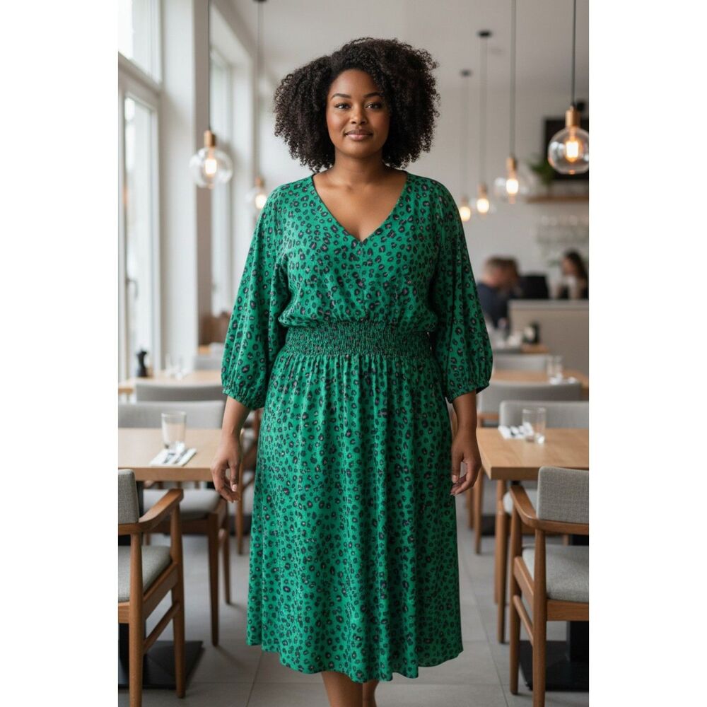 IMAN Leopard Print Midi Dress Women Green Pink Boho Smocked Waist Flow 3XP